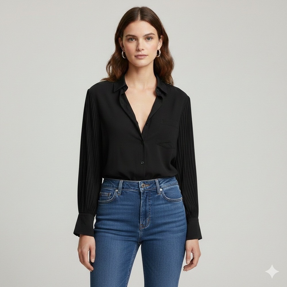 LPA Women Black Pleated Long Sleeve Button Down Shirt XL Collared Blouse